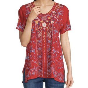 John Mark Floral Embroidery V-Neck Short Sleeve Top